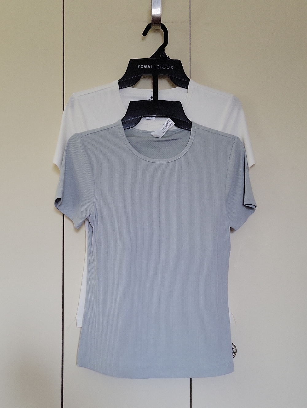 NWOT Yogalicious 2-Pack Ribbed Short Sleeve Tops with Shelf Bra